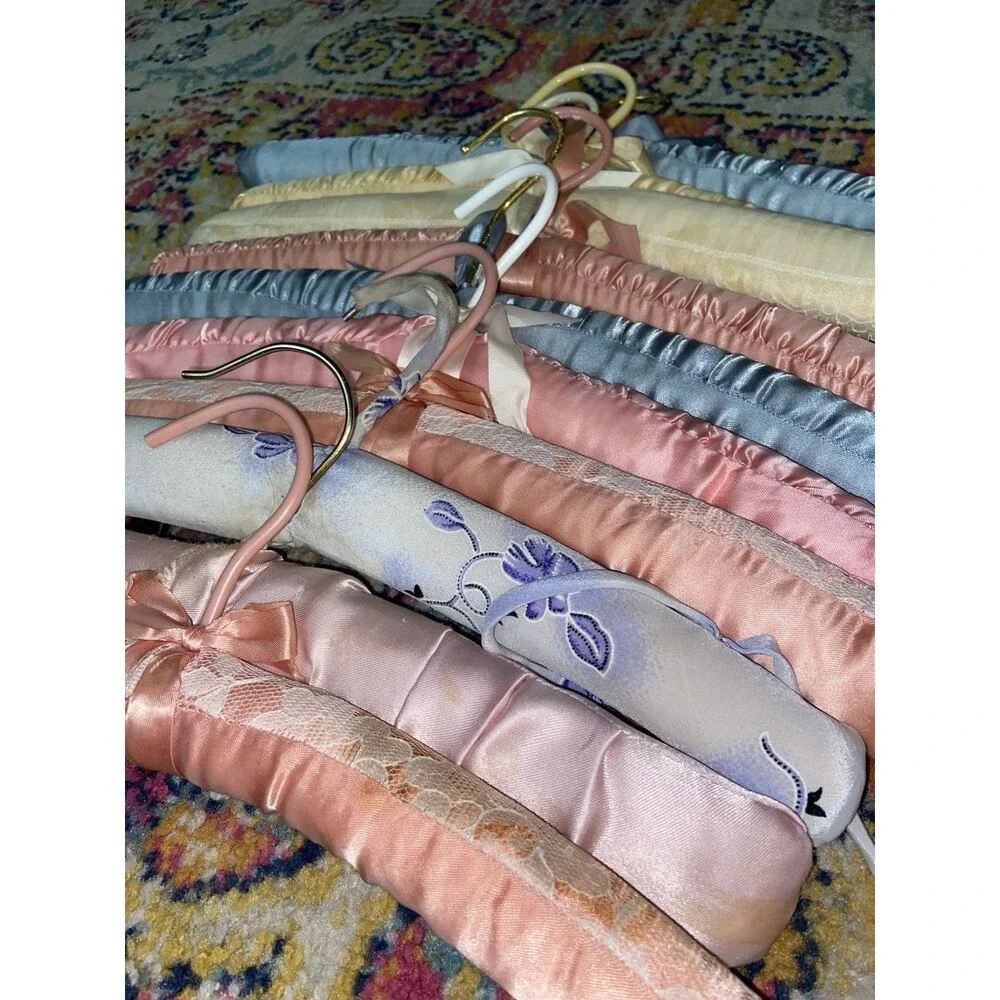 Vintage Padded Satin Traditional Clothes Hangers Lot, Multicolor Floral Coquette